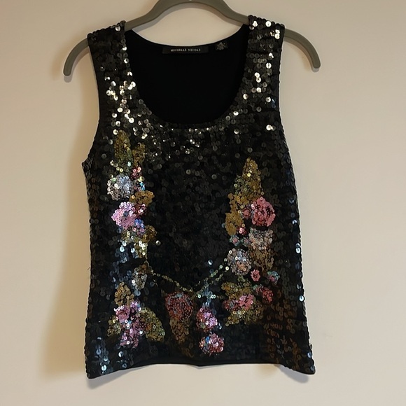Sequin Floral Top Medium Maximalist Michelle Nicole Black Pink Tank Sparkly - Picture 1 of 15